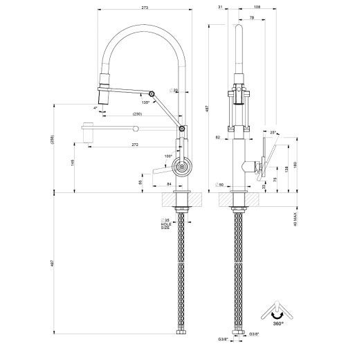 Immagine di Gessi OFFICINE V miscelatore semi pro H.48.7 cm per lavello, monocomando, con bocca girevole e doccetta estraibile doppio getto, finitura cromo 60205#031