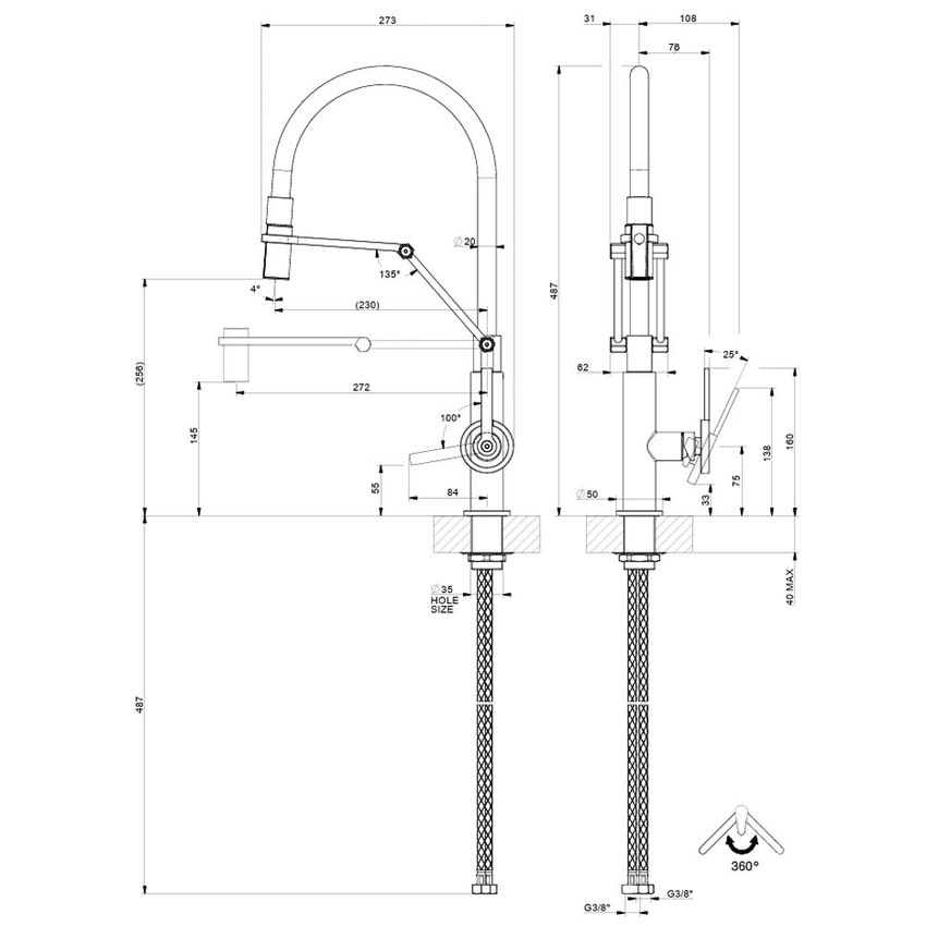 Immagine di Gessi OFFICINE V miscelatore semi pro H.48.7 cm per lavello, monocomando, con bocca girevole e doccetta estraibile doppio getto, finitura cromo 60205#031