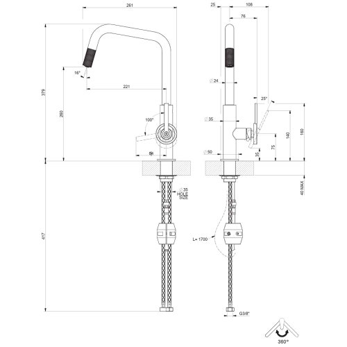Immagine di Gessi OFFICINE V miscelatore H.37.9 cm per lavello, monocomando, con bocca girevole e doccetta estraibile mono getto, finitura cromo 60203#031