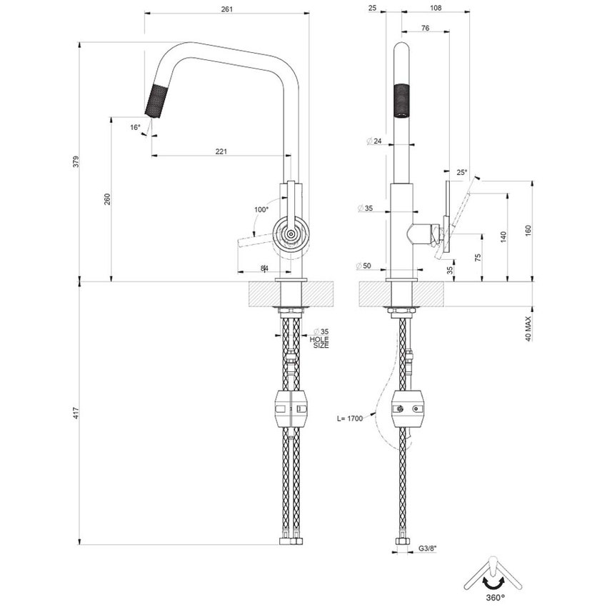 Immagine di Gessi OFFICINE V miscelatore H.37.9 cm per lavello, monocomando, con bocca girevole e doccetta estraibile mono getto, finitura cromo 60203#031