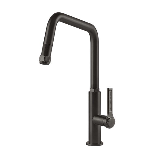 Immagine di Gessi OFFICINE miscelatore monocomando, con canna girevole e doccetta estraibile, finitura black metal brushed PVD 60053#707