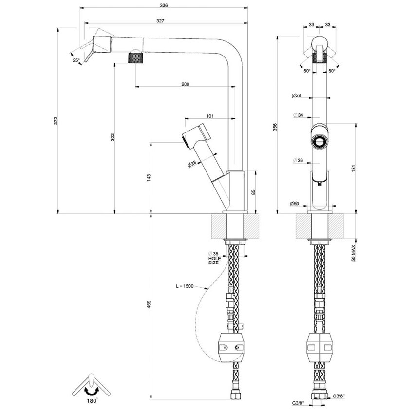 Immagine di Gessi FISSO miscelatore H.35.6 cm per lavello, monocomando, con bocca girevole e doccetta estraibile doppio getto, finitura cromo 60640#031
