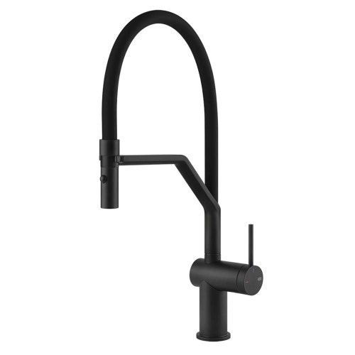 Immagine di Gessi INEDITO semi-pro miscelatore monocomando girevole, con doccetta doppio getto, per lavello, colore nero finitura opaco 60429#299