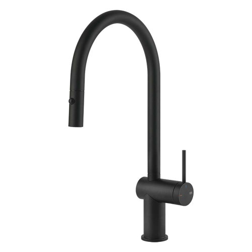 Immagine di Gessi INEDITO miscelatore monocomando girevole, con doccetta doppio getto, per lavello, colore nero finitura opaco 60413#299