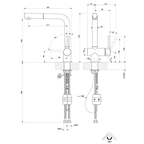 Immagine di Gessi ACCIAIO miscelatore H.27.6 cm per lavello, monocomando, con bocca girevole e doccetta estraibile mono getto, finitura steel brushed 60598#239