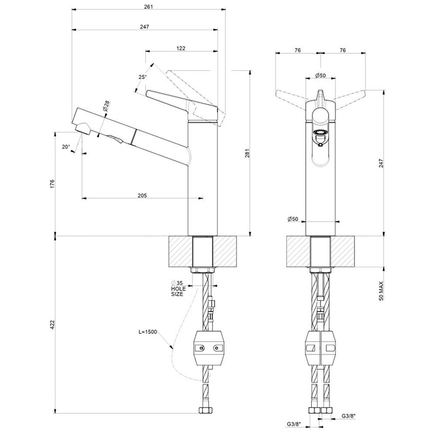 Immagine di Gessi ACCIAIO miscelatore H.24.7 cm per lavello, monocomando, con bocca girevole e doccetta estraibile doppio getto, finitura steel brushed 60636#239
