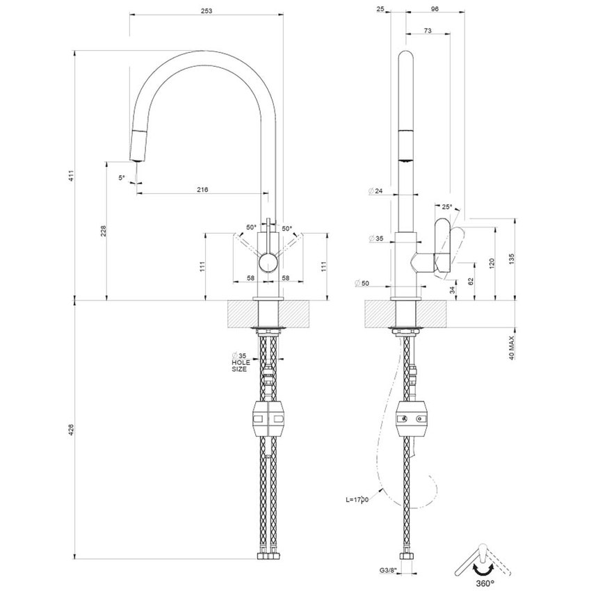 Immagine di Gessi HELIUM miscelatore H.41.1 cm per lavello, monocomando, con bocca girevole e doccetta estraibile mono getto, finitura cromo 60077#031