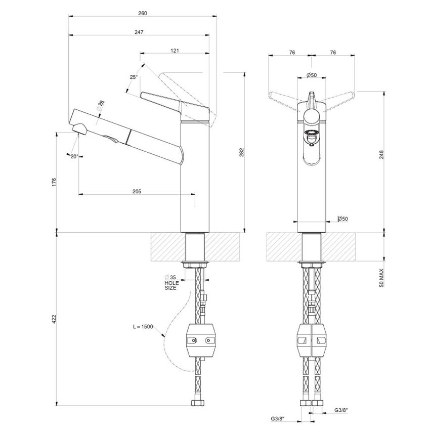 Immagine di Gessi THALIUM miscelatore H.24.8 cm per lavello, monocomando, con bocca girevole e doccetta estraibile doppio getto, finitura cromo 60536#031