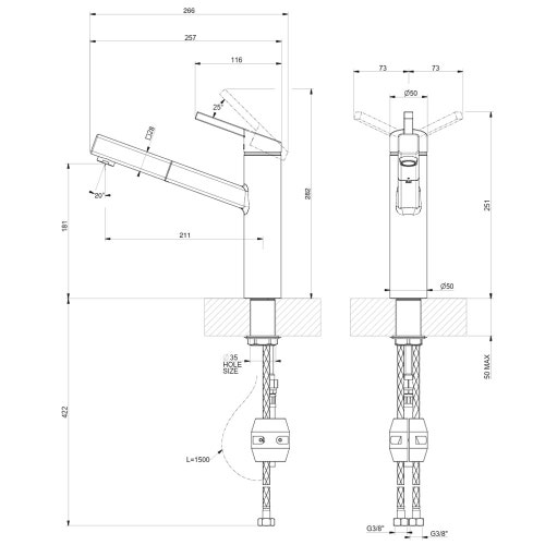 Immagine di Gessi THALIUM miscelatore H.25.1 cm per lavello, monocomando, con bocca girevole e doccetta estraibile mono getto, finitura cromo 60533#031