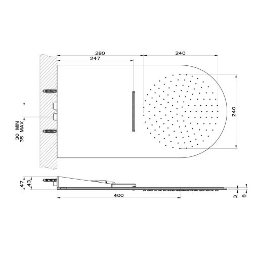 Immagine di Gessi WELLNESS sistema multifunzione a parete 300 con funzioni pioggia/cascata, finitura mirror steel 33073#238