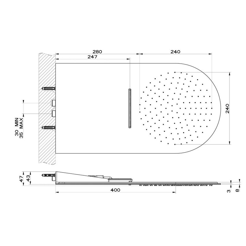 Immagine di Gessi WELLNESS sistema multifunzione a parete 300 con funzioni pioggia/cascata, finitura mirror steel 33073#238