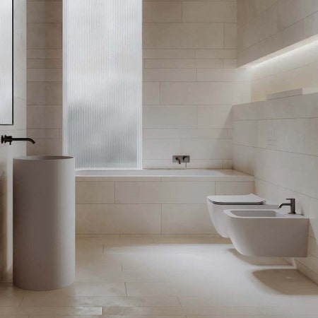 Immagine di Hatria TECNA set sanitari sospesi, vaso Pure Vortex senza brida con sedile a discesa rallentata e bidet monoforo, colore bianco finitura opaco A0Y9DJ25+A0Y9DG25+00Y9E725