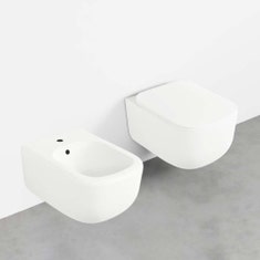 Immagine di Cielo ERA set completo sanitari sospesi vaso rimless, sedile a discesa rallentata, bidet monoforo con troppopieno, colore talco finitura opaco ERVSKTL+CPVERTFTL+ERBSTL