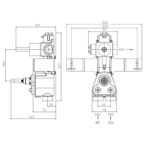 Immagine di Bossini Corpo incasso per miscelatore termostatico alta portata a 1 via, con valvola on-off, attacchi da 3/4" F Z030204000