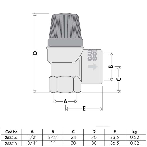 Immagine di Caleffi Valvola di sicurezza per impianti solari, attacco 1/2” F, potenza di scarico 50 kW, 3 bar 253043