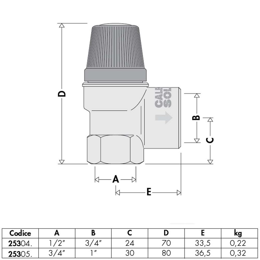 Immagine di Caleffi Valvola di sicurezza per impianti solari, attacco 1/2” F, potenza di scarico 50 kW, 3 bar 253043