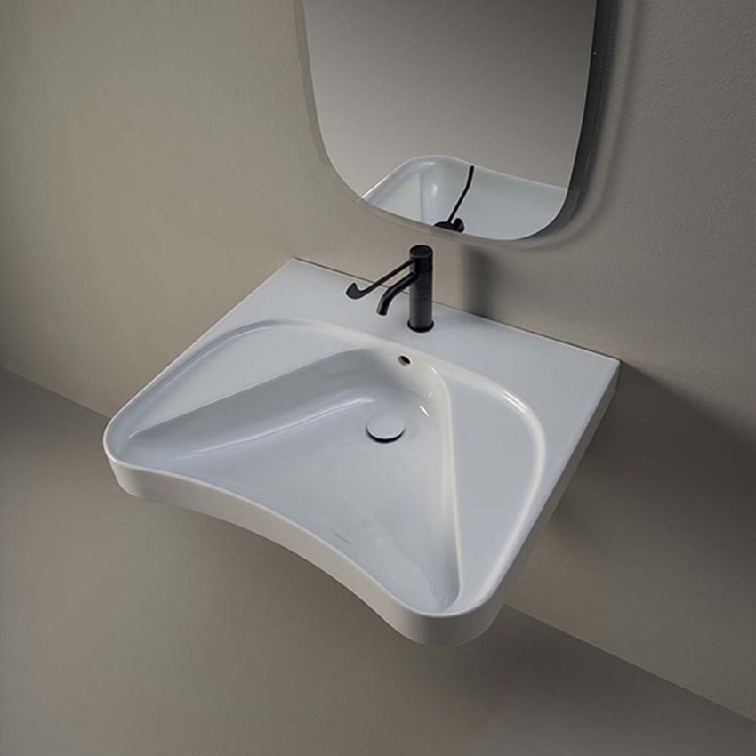 Immagine di Flaminia APPSOLUTION 105 lavabo L.71 P.60 cm sospeso, con piano rubinetteria, con troppopieno e monoforo, colore bianco finitura lucido APD70