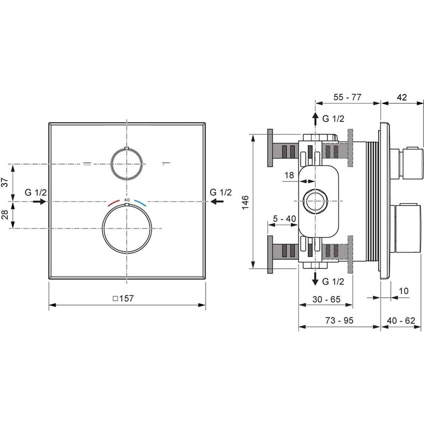 Immagine di Ideal Standard CERATHERM C100 miscelatore termostatico quadrato, per doccia/vasca, con deviatore, senza corpo incasso, finitura cromo A8588AA