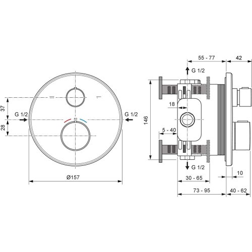 Immagine di Ideal Standard CERATHERM T100 miscelatore termostatico rotondo, per doccia/vasca, con deviatore, senza corpo incasso, finitura cromo A8584AA