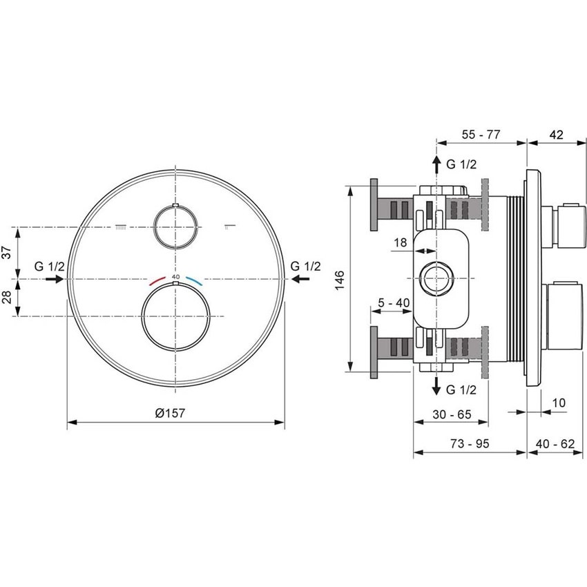 Immagine di Ideal Standard CERATHERM T100 miscelatore termostatico rotondo, per doccia/vasca, con deviatore, senza corpo incasso, finitura cromo A8584AA