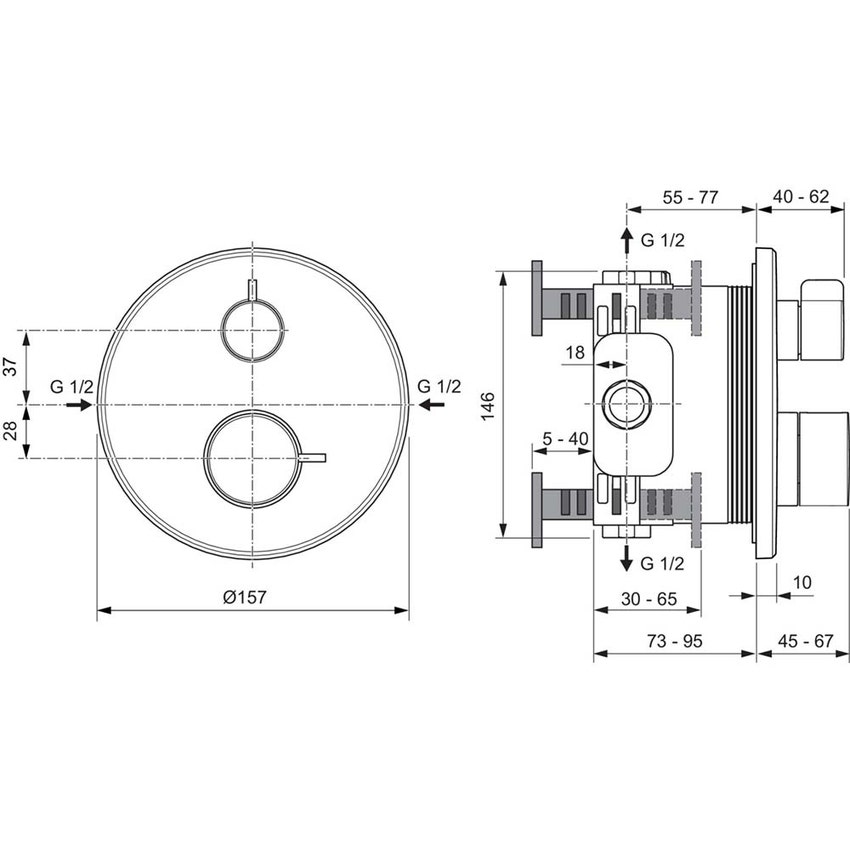 Immagine di Ideal Standard CERAPLUS SAFE miscelatore termostatico rotondo, per doccia, con deviatore, senza corpo incasso, finitura cromo A8592AA