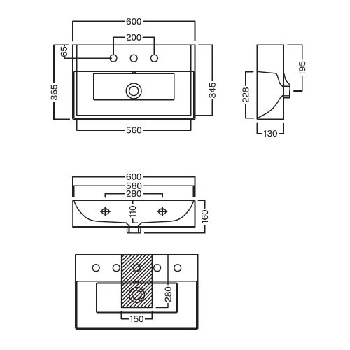 Immagine di Hatria BAHIA 13 lavabo sospeso 60 x 36.5 cm, monoforo, con troppopieno, colore bianco finitura lucido BH0600365011TS0