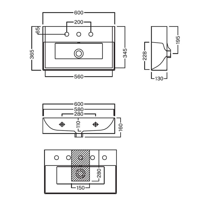 Immagine di Hatria BAHIA 13 lavabo sospeso 60 x 36.5 cm, monoforo, con troppopieno, colore bianco finitura lucido BH0600365011TS0