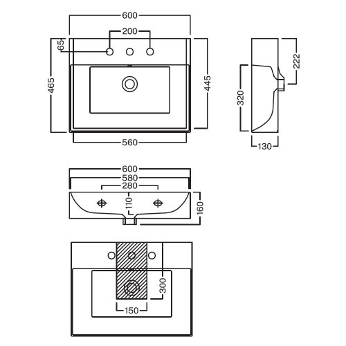 Immagine di Hatria BAHIA 13 lavabo sospeso 60 x 46.5 cm, monoforo, con troppopieno, colore bianco finitura lucido BH0600465011TS0
