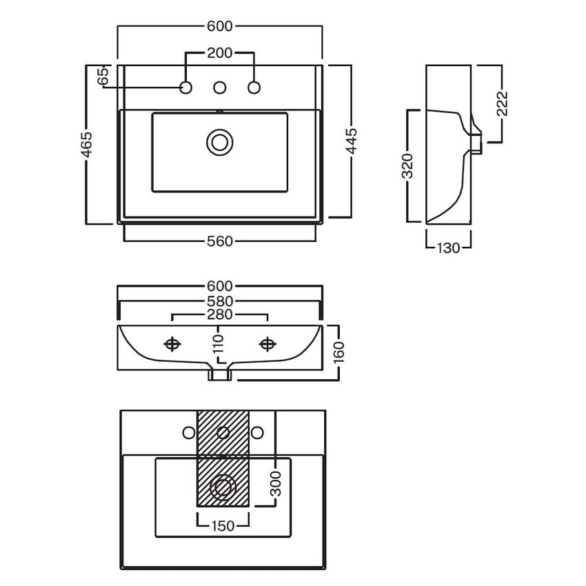 Immagine di Hatria BAHIA 13 lavabo sospeso 60 x 46.5 cm, monoforo, con troppopieno, colore bianco finitura lucido BH0600465011TS0