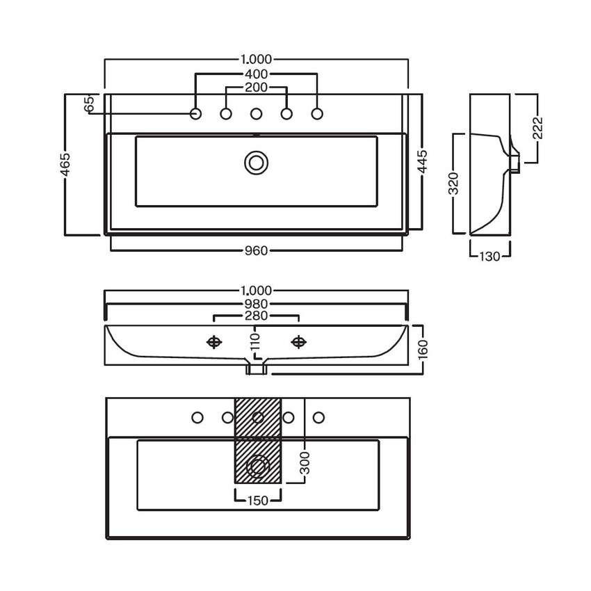 Immagine di Hatria BAHIA 13 lavabo sospeso 100 x 46.5 cm, monoforo, con troppopieno, colore bianco finitura lucido BH1000465011TS0