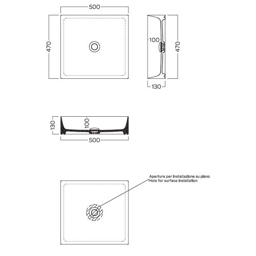 Immagine di Hatria HAPPY HOUR SLIM 00:50 S lavabo d'appoggio senza foro e senza troppopieno, colore bianco finitura lucido 00Y9CT01
