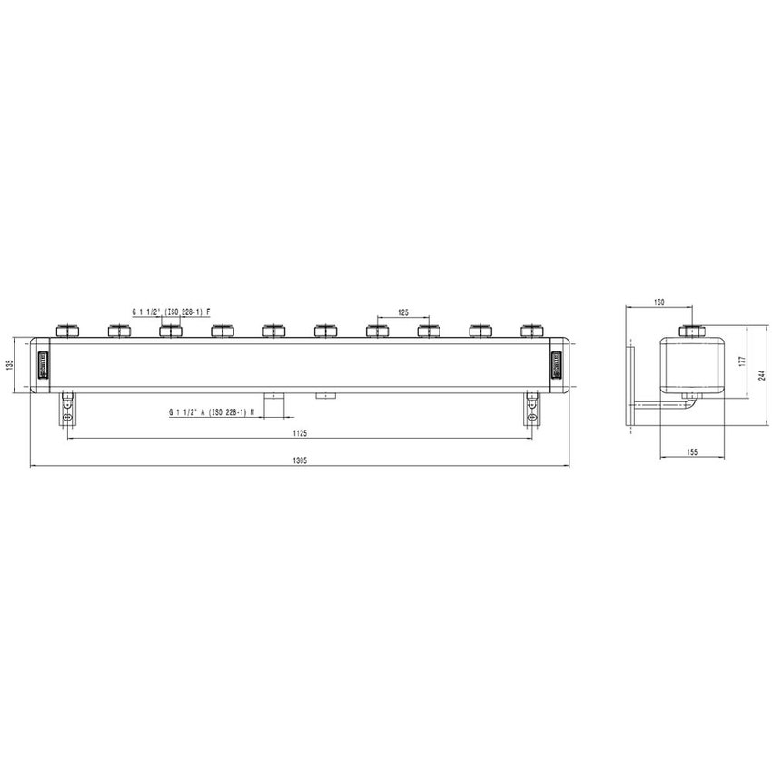 Immagine di Caleffi Collettore Ø1.1/2" per impianti di riscaldamento con 5 attacchi interasse 125 mm, portata massima consigliata 4 m3/h 550250