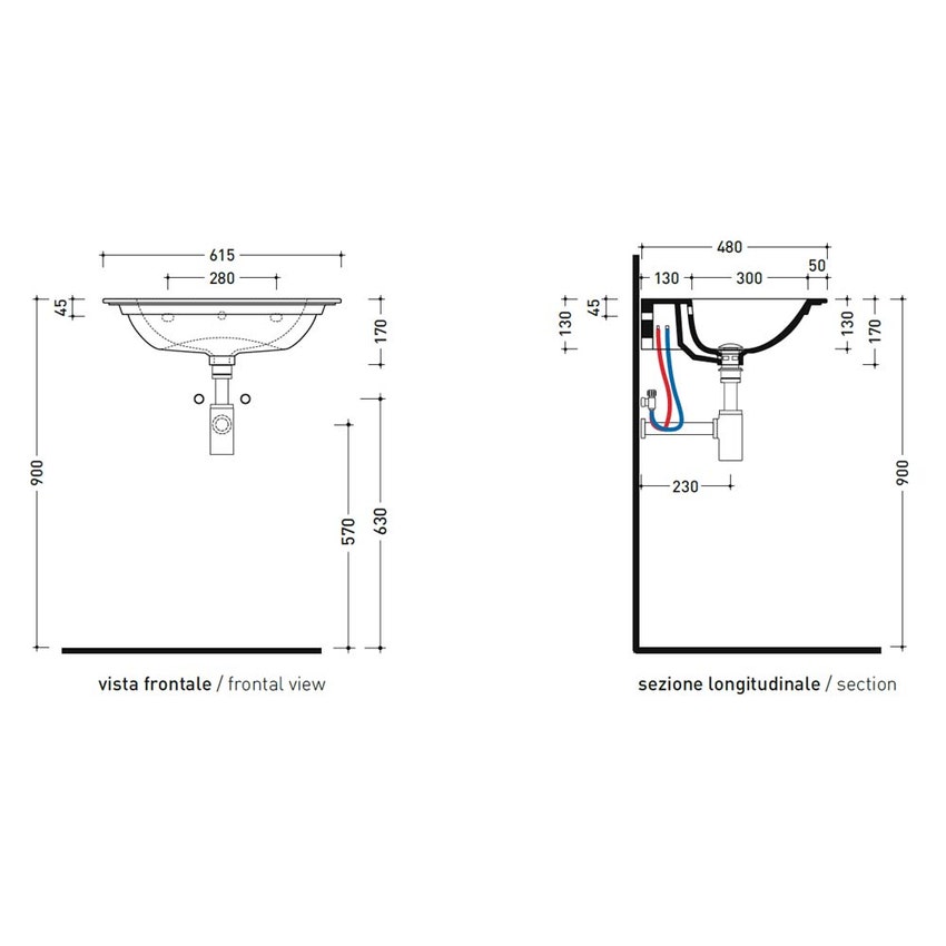 Immagine di Flaminia EURO 62 lavabo sospeso L.62 P.48.5 cm, con troppopieno, colore bianco finitura lucido ER62L