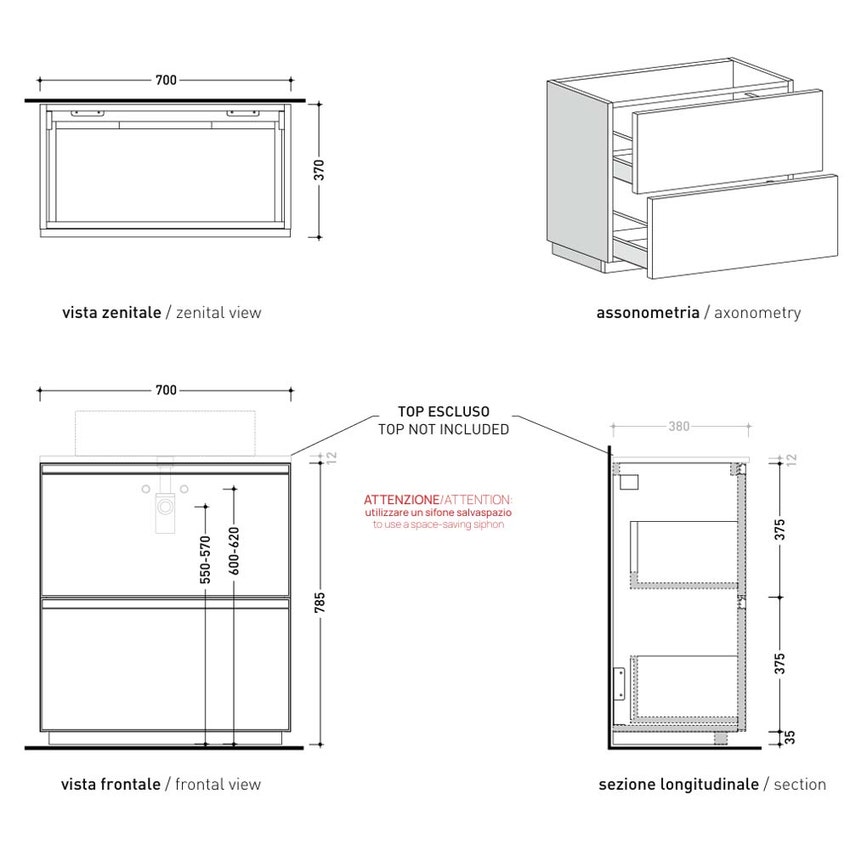 Immagine di Flaminia CUBIKA base portalavabo L.70 P.37 cm a terra, con 2 cassetti, senza top, colore bianco finitura opaco CKD912LBK