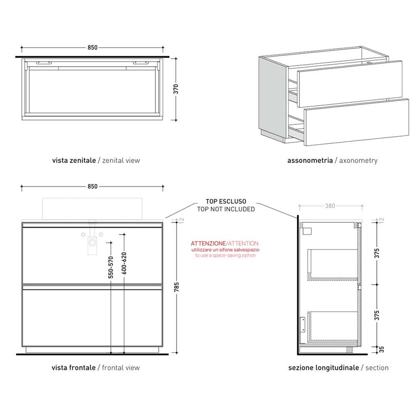 Immagine di Flaminia CUBIKA base portalavabo L.85 P.37 cm a terra, con 2 cassetti, senza top, colore bianco finitura opaco CKD918LBK