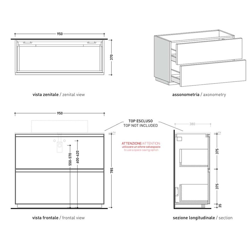 Immagine di Flaminia CUBIKA base portalavabo L.95 P.37 cm a terra, con 2 cassetti, senza top, colore bianco finitura opaco CKD750LBK