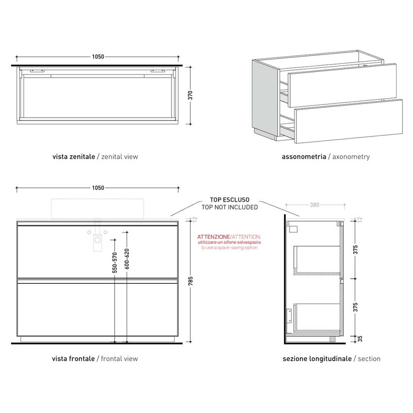 Immagine di Flaminia CUBIKA base portalavabo L.105 P.37 cm a terra, con 2 cassetti, senza top, colore bianco finitura opaco CKD753LBK