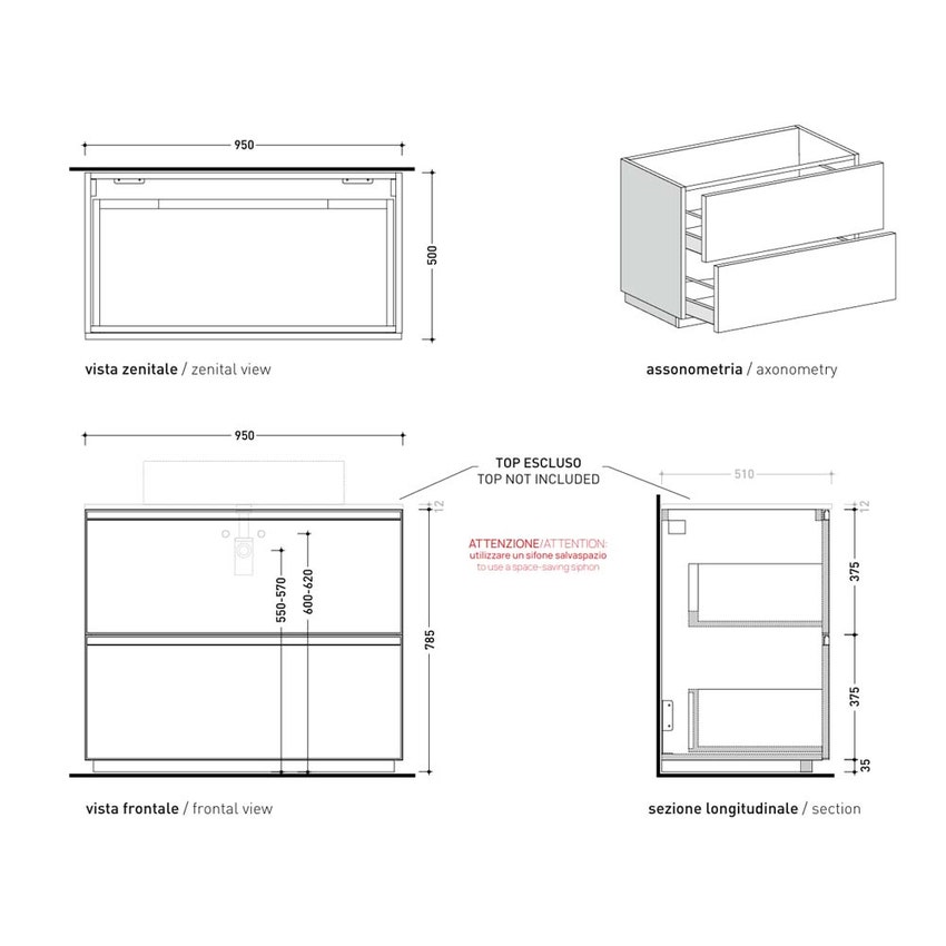 Immagine di Flaminia CUBIKA base portalavabo L.95 P.50 cm a terra, con 2 cassetti, senza top, colore bianco finitura opaco CKD751LBK