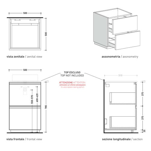 Immagine di Flaminia CUBIKA base portalavabo L.50 P.50 cm a terra, con 2 cassetti, senza top, colore bianco finitura opaco CKD907LBK