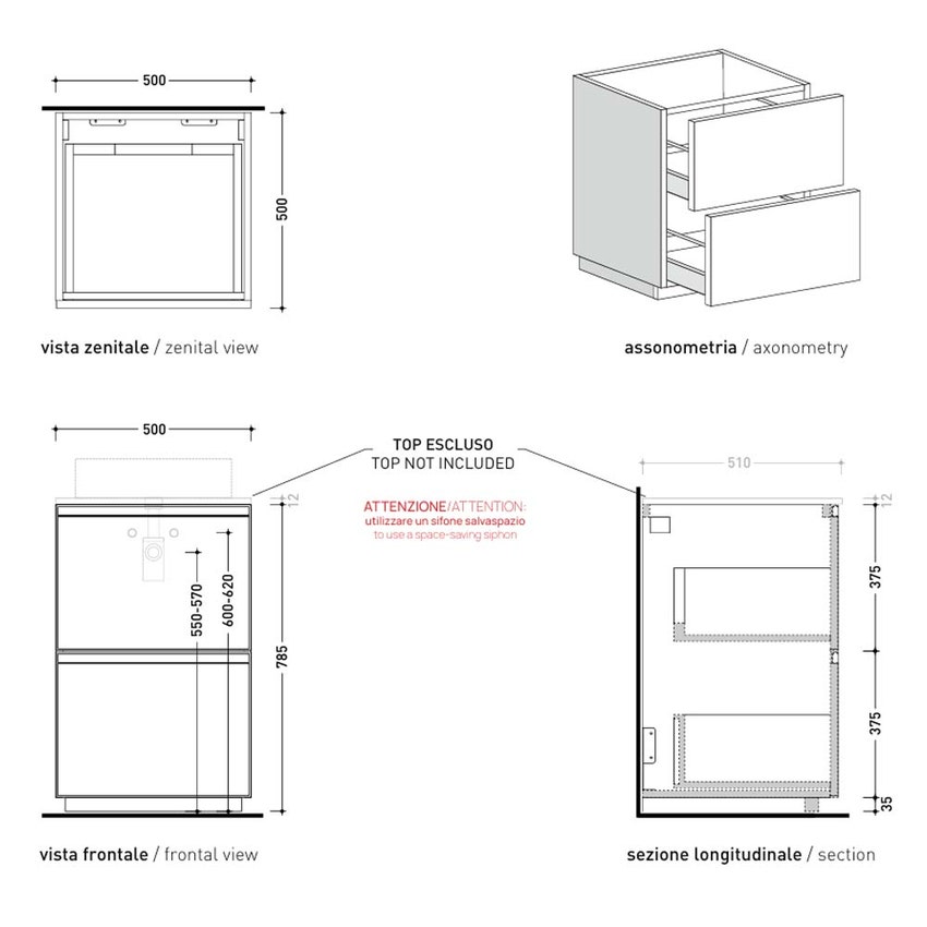 Immagine di Flaminia CUBIKA base portalavabo L.50 P.50 cm a terra, con 2 cassetti, senza top, colore bianco finitura opaco CKD907LBK
