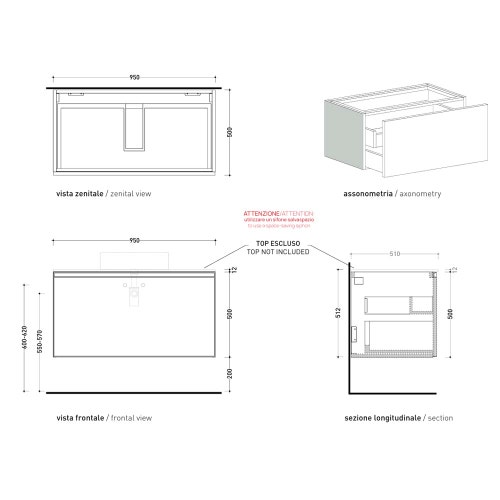 Immagine di Flaminia CUBIKA base portalavabo L.95 P.50 cm sospesa, con 1 cassetto, senza top, colore bianco finitura opaco CKD890LBK