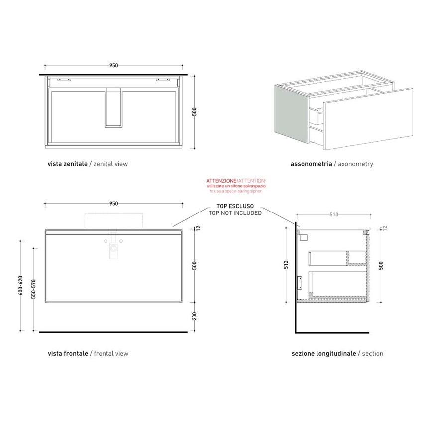 Immagine di Flaminia CUBIKA base portalavabo L.95 P.50 cm sospesa, con 1 cassetto, senza top, colore bianco finitura opaco CKD890LBK