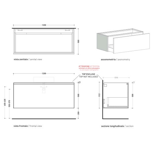 Immagine di Flaminia CUBIKA base portalavabo L.120 P.50 cm sospesa, con 1 cassetto, senza top, colore bianco finitura opaco CKD945LBK