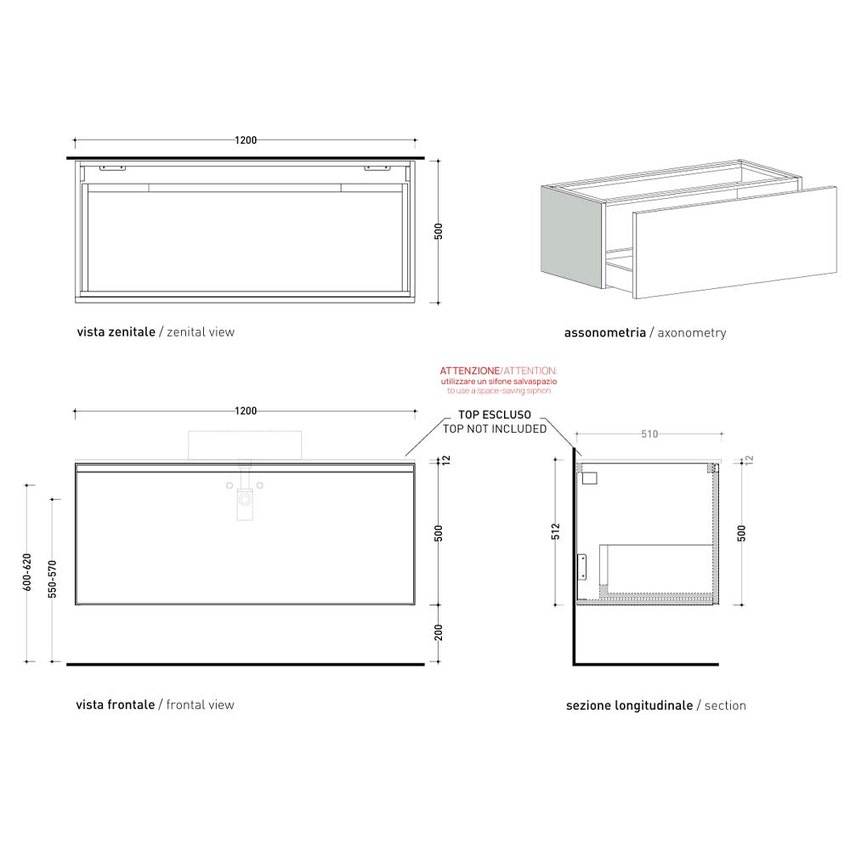 Immagine di Flaminia CUBIKA base portalavabo L.120 P.50 cm sospesa, con 1 cassetto, senza top, colore bianco finitura opaco CKD945LBK