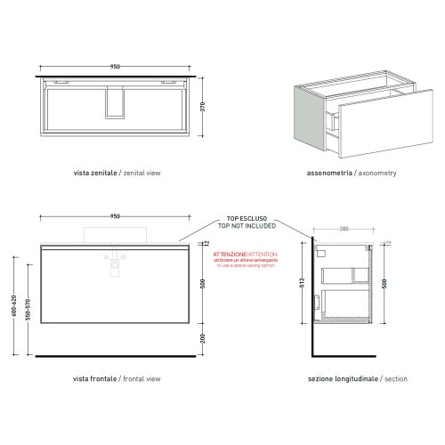 Immagine di Flaminia CUBIKA base portalavabo L.95 P.37 cm sospesa, con 1 cassetto, senza top, colore bianco finitura opaco CKD889LBK