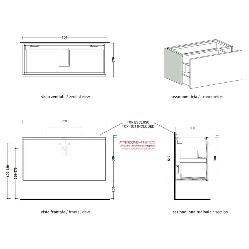 Immagine di Flaminia CUBIKA base portalavabo L.95 P.37 cm sospesa, con 1 cassetto, senza top, colore bianco finitura opaco CKD889LBK