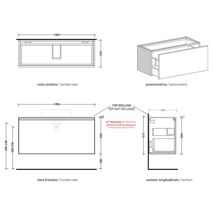Immagine di Flaminia CUBIKA base portalavabo L.105 P.37 cm sospesa, con 1 cassetto, senza top, colore bianco finitura opaco CKD892LBK