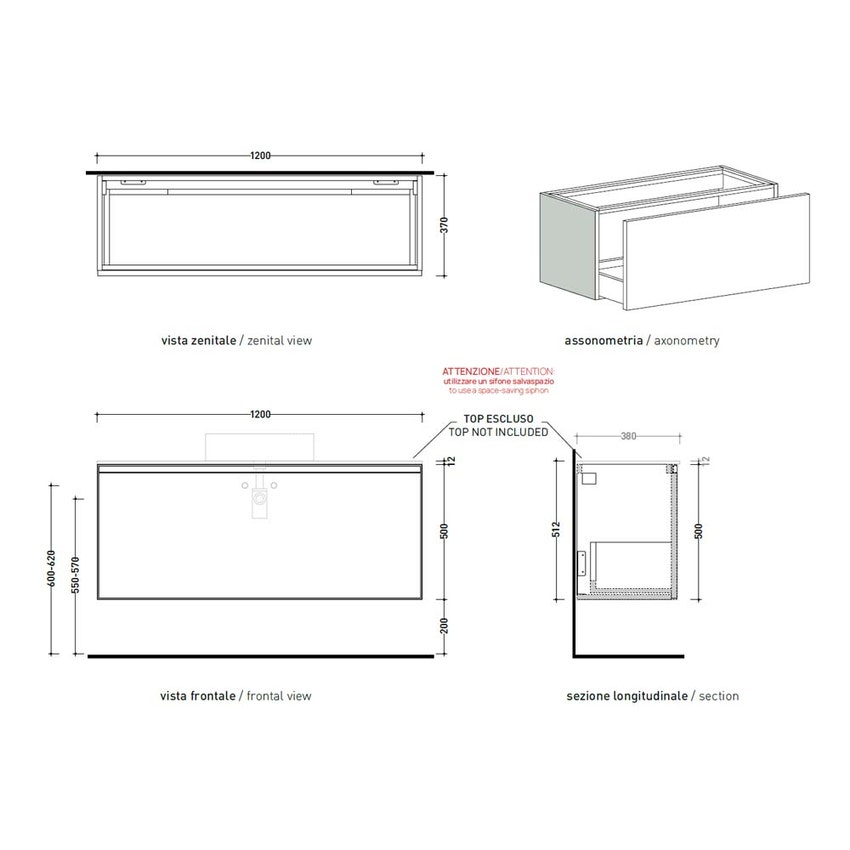 Immagine di Flaminia CUBIKA base portalavabo L.120 P.37 cm sospesa, con 1 cassetto, senza top, colore bianco finitura opaco CKD944LBK