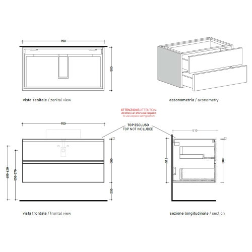 Immagine di Flaminia CUBIKA base portalavabo L.95 P.50 cm sospesa, con 2 cassetti, senza top, colore bianco finitura opaco CKD827LBK