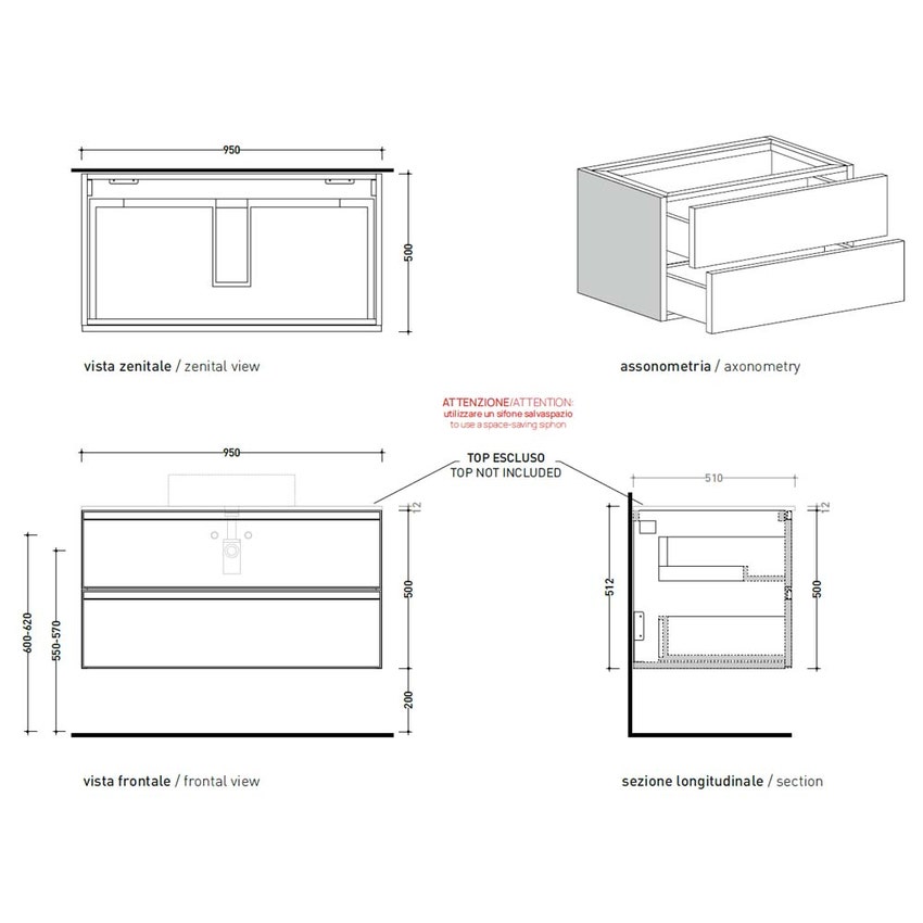 Immagine di Flaminia CUBIKA base portalavabo L.95 P.50 cm sospesa, con 2 cassetti, senza top, colore bianco finitura opaco CKD827LBK